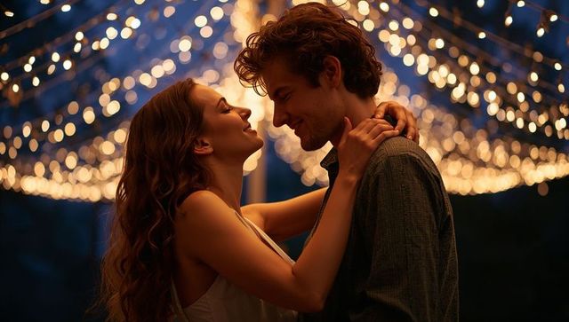 Couple embracing under string lights romantic evening soft bokeh warm intimate lighting