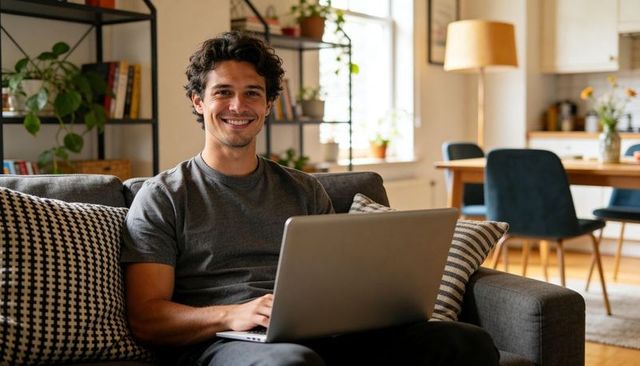 Smiling young man working on laptop from couch in cozy living room, remote work lifestyle