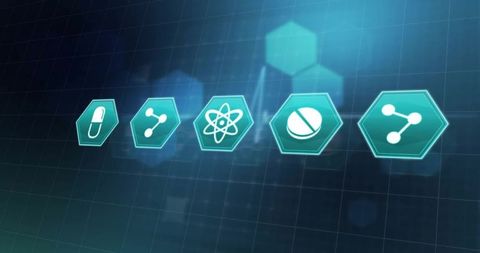 Medical icons with cardiograph and hexagon digital interface