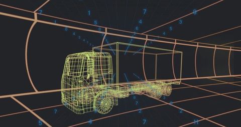 Wireframe box truck navigating tunnel grid CAD visualization with numeric markers and neon
