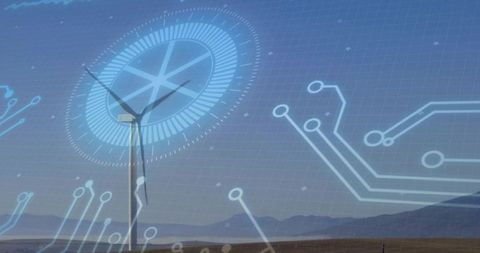 Utility-scale wind turbine rotating with futuristic hud overlay displaying smart grid data