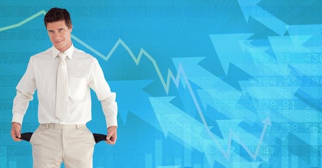 Businessman in white shirt and tie showing empty pockets against a background of financial graphs and arrows. Useful for illustrating concepts of financial crisis, economic downturn, bankruptcy, and financial struggles. Ideal for articles, presentations, and reports on economic issues, business failures, and financial planning.