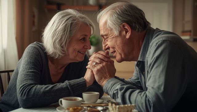 Senior Couple Sharing Tender Morning Moment Over Coffee, Holding Hands and Smiling