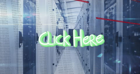 Animated 'Click Here' Overlay in Modern Server Room