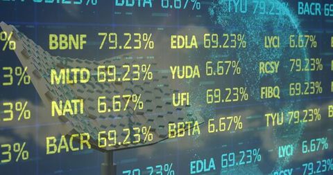 Digital finance overlay with tickers and data visualization sphere