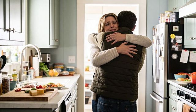Tearful couple hugging in cozy home kitchen after cooking together, emotional embrace