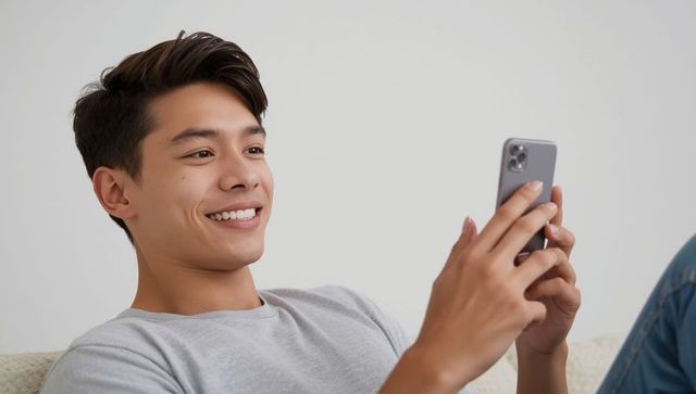 Smiling Young Man Using Smartphone at Home in Casual Setting