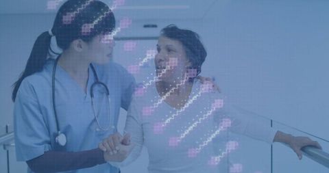 Nurse assisting patient with digital dna helix overlay