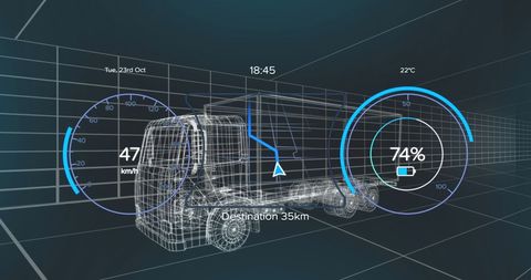 Futuristic vehicle interface with 3d truck model and data visualizations