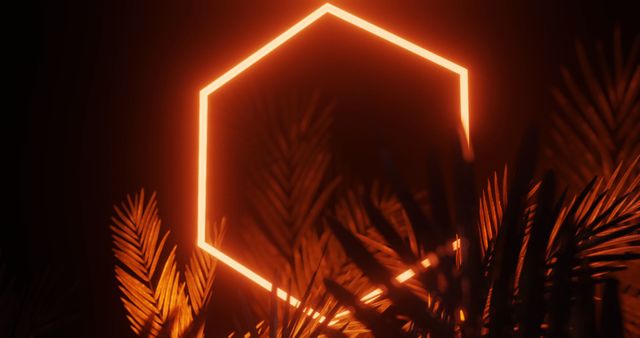 This digitally generated image presents a vibrant composition with a glowing hexagon at its center, casting an orange neon glow amidst surrounding palm leaves. Ideal for use in futuristic designs, digital artwork, or as a visually striking background in graphic projects, websites, or marketing materials looking for an abstract, modern aesthetic.