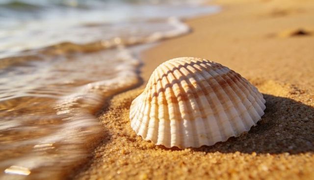 Resting ridged seashell on sunlit sandy shoreline casting shadow while gentle wave washes