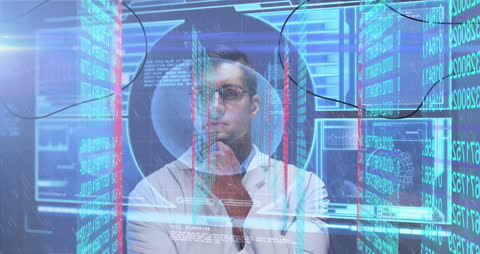 Scientist Analyzing Medical Data on High-Tech Screen