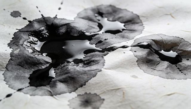 Monochrome ink blots soaking into textured fibrous paper with glossy puddles and stains