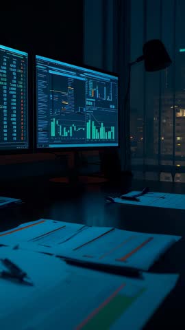 Vertical video: Nighttime trading desk displaying dual monitors with data dashboards
