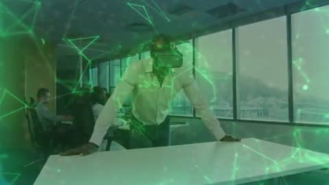 Businessman Using VR to Interact with Digital World Map in Office