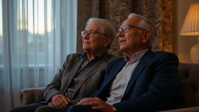 Senior partners holding hands on tufted sofa at dusk conveying warmth, affection, elegance