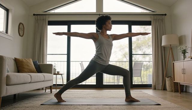 Practicing warrior ii pose at home, woman holding arms extended on yoga mat