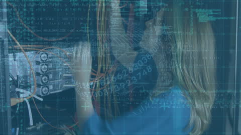 Network Engineer Analyzing Server Data with Digital Overlay