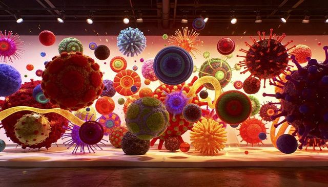 Vibrant abstract gallery installation featuring colorful textured orbs and ribbon tubes