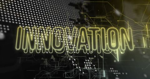Neon innovation hologram over futuristic digital network grid with circuit visualization