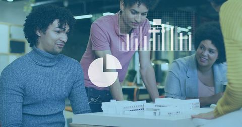 Diverse Architects Analyzing Building Model with Media Interface Overlays