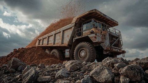 Heavy duty off-road dumper truck unloading soil on rocky terrain
