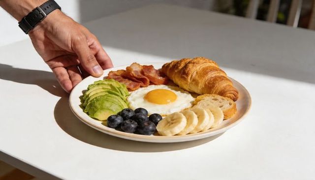 Man placing sunlit breakfast plate with croissant, sunny egg, avocado and bacon