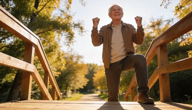 Senior man kneeling on wooden bridge raising fists in triumphant sunlit autumn