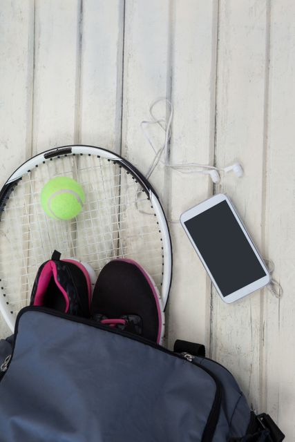 Overhead view of tennis gear including racket, ball, shoes, and mobile phone on white wooden table. Ideal for use in sports, fitness, and active lifestyle promotions. Perfect for illustrating articles or advertisements related to tennis, exercise routines, or sports equipment.