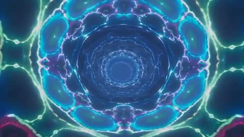 Morphing neon tunnel forming kaleidoscopic rings and electric arcs, revealing glowing core