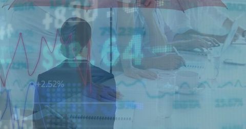 Businesswoman With Umbrella Overlapping Financial Data and Graphs