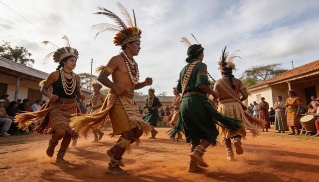 Indigenous dancers performing feather headdress ceremony with drums on red-dirt plaza