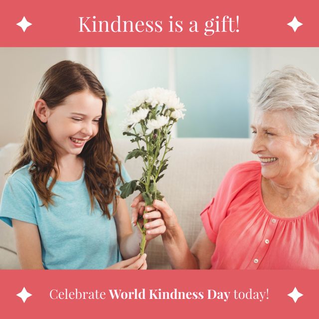 Image of a smiling caucasian grandmother receiving flowers from her granddaughter. Perfect for use in content related to World Kindness Day, family bonding, intergenerational relationships, and spreading love and kindness. Can be used for events, greeting cards, social media campaigns, articles on family and kindness, and promotional materials for community activities.
