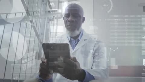 Scientist Analyzing Data on Tablet with Digital Overlay