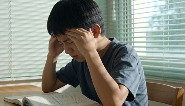 Teen concentrating while studying at home pressing temples, open textbook and blinds light
