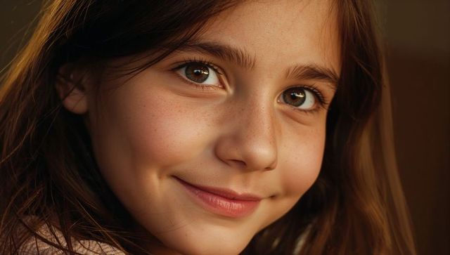 Closeup smiling girl with brown eyes freckles and dimple warm soft intimate studio portrait
