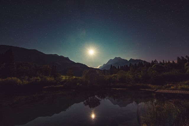 Full Moon Shining Over Mountain Landscape with Reflection in Calm Lake - Download Free Stock Photos Pikwizard.com
