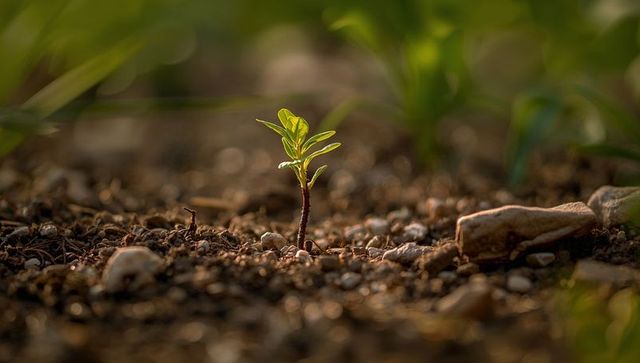 Bright Green Seedling Sprouting Among Pebbles in Garden
