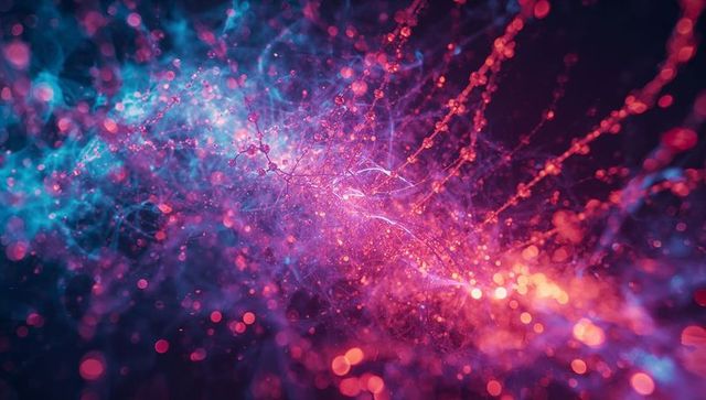 Futuristic Swirling Network of Glowing Nodes in Dark Void