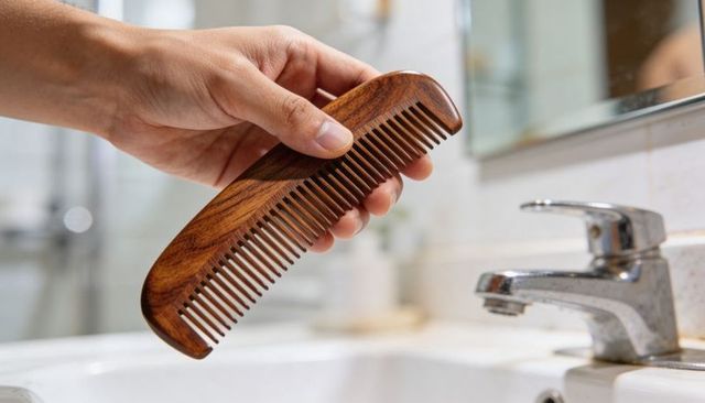 Hand holding wooden comb above bathroom sink showing woodgrain detail and grooming routine