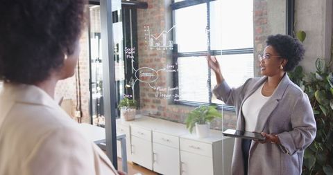 African american professionals collaborating on strategic plan, modern office