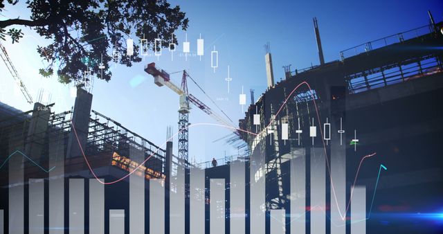 This shows an ongoing construction site with cranes and building structures in the background, combined with an overlay of financial graphs and charts. Ideal for use in business presentations, reports, articles on economic growth, investment opportunities in construction, or analyzing the correlation between construction activity and financial performance.