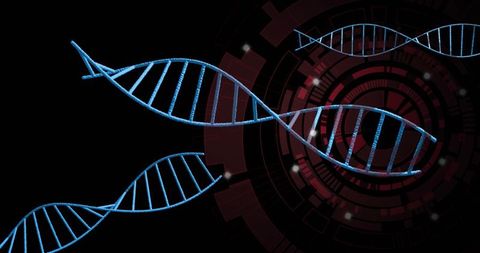 Spinning blue DNA helix floating across red digital interface with glowing tech HUD