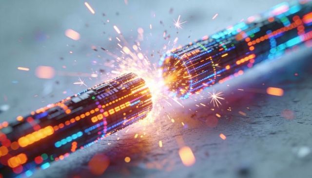 Sparking fiber optic cables forming neon data arc with glowing circuitry pixels