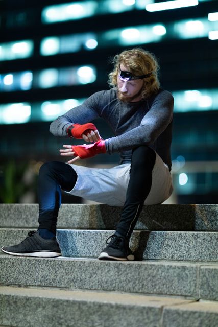 Front view of a fit Caucasian man with long blonde hair wearing sportswear exercising outdoors in the city at the evening, sitting on stairs putting on hand wraps, wearing head light.