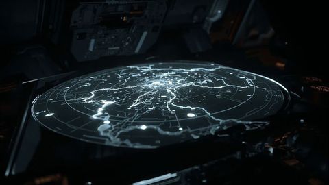 Holographic map display in futuristic spacecraft control room