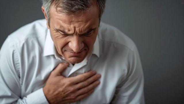 Man clutching chest in discomfort against grey background