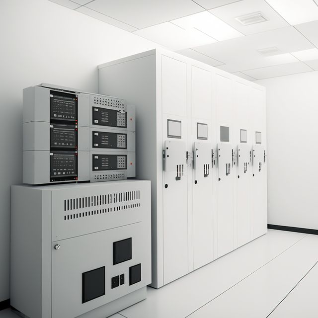 Image of empty server room, created using generative ai technology. Global technology and server room concept, digitally generated image.