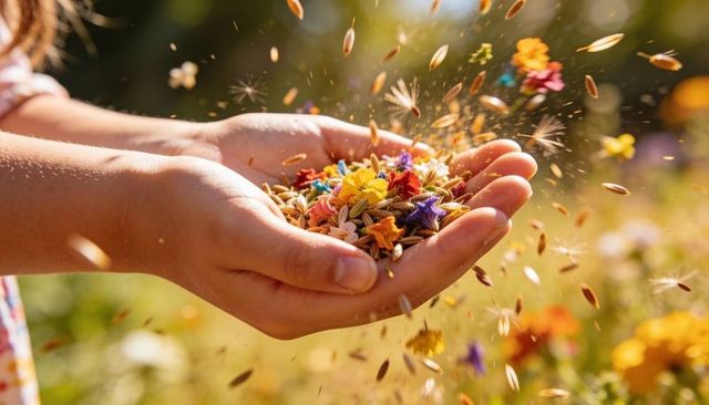 Hands releasing dried flower petals and seeds, scattering in sunlit meadow with bokeh