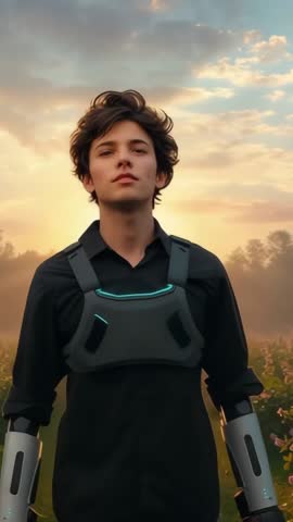 Vertical video teen embracing sunrise in meadow wearing cyan tech harness and arm braces